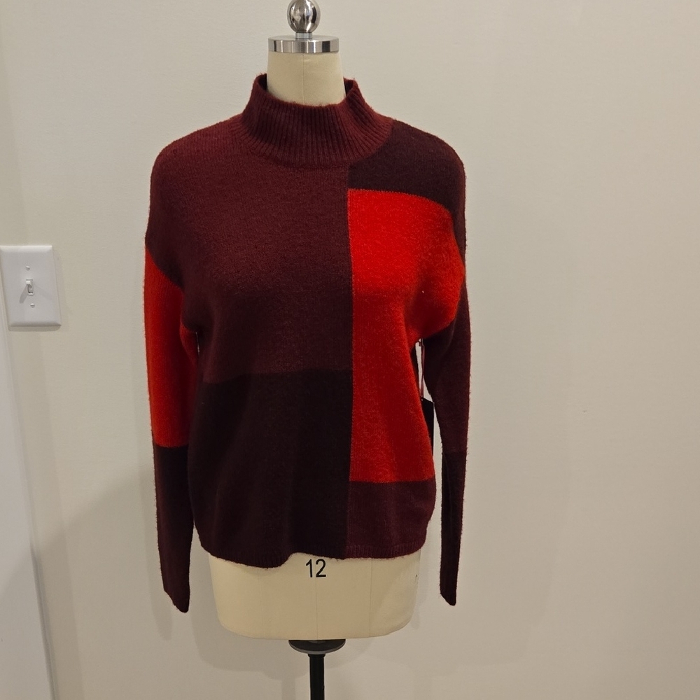 Cynthia Rowley Red and Burgundy Color Block Turtleneck Sweater